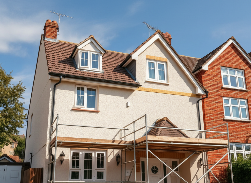 House with external wall insulation and scaffolding
