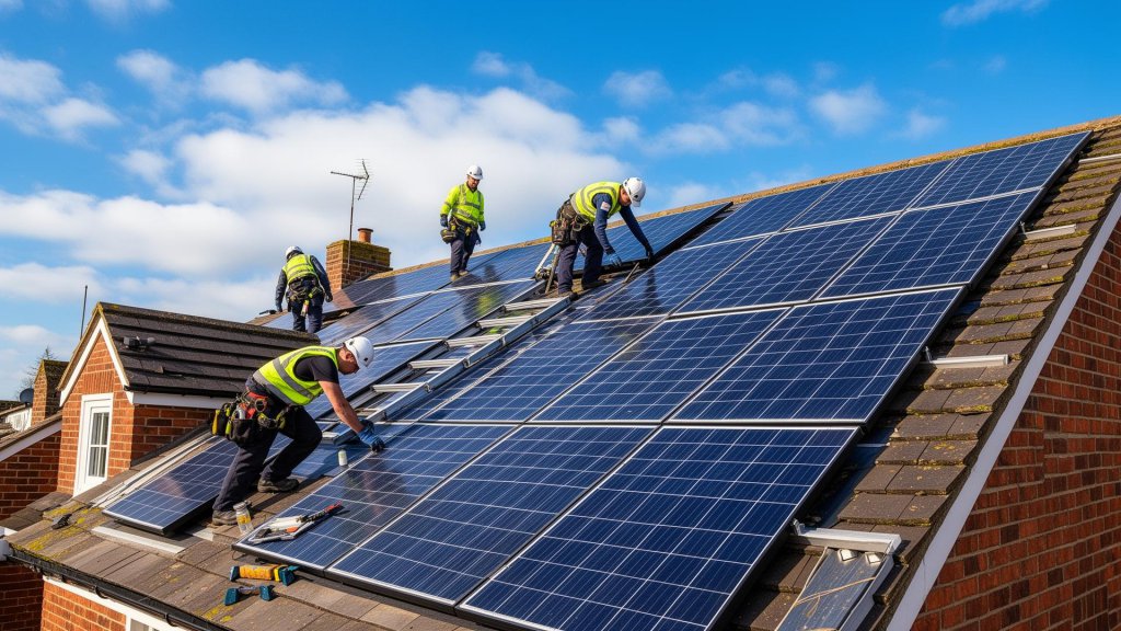 Engineers installing solar PV panels on a brick house